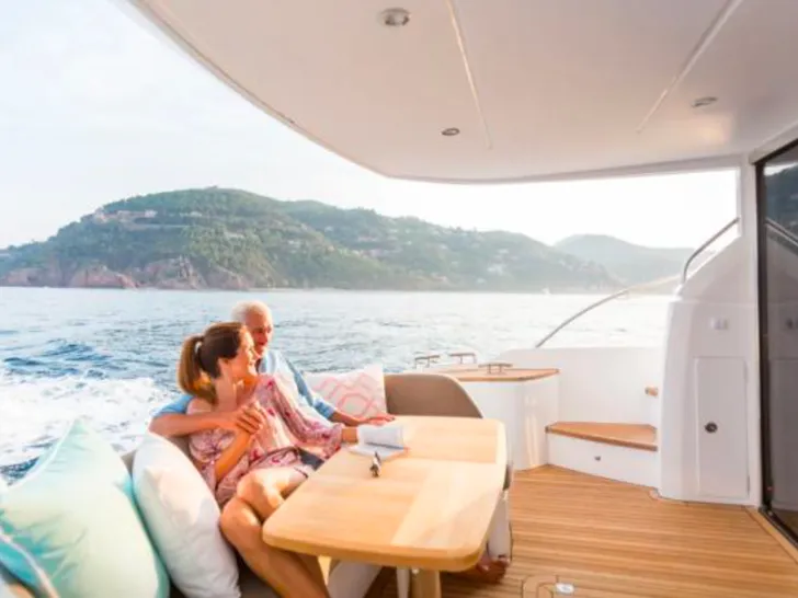 Princess 49 Fly - guests on the aft deck Princess 49 Fly - guests on the aft deck
