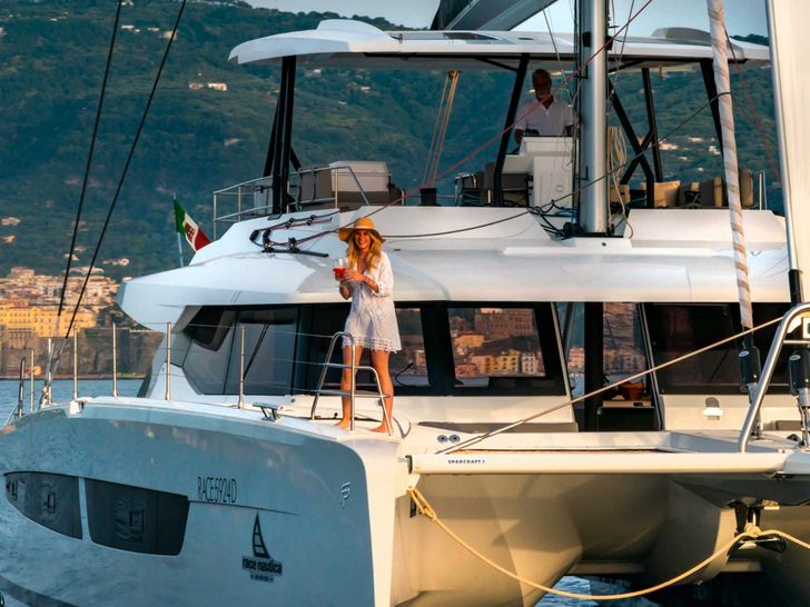LIBERTA Fountaine Pajot Samana 59 - guest on the foredeck LIBERTA Fountaine Pajot Samana 59 - guest on the foredeck