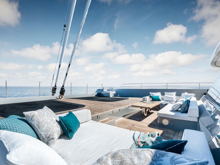 GREYB Sunreef 80 foredeck lounging area and sun bed