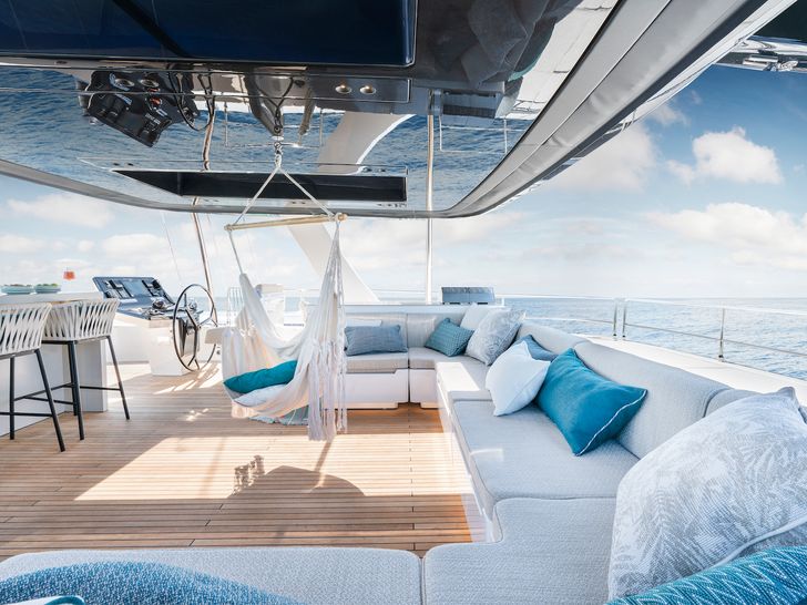 GREYB Sunreef 80 flybridge seating area and minibar