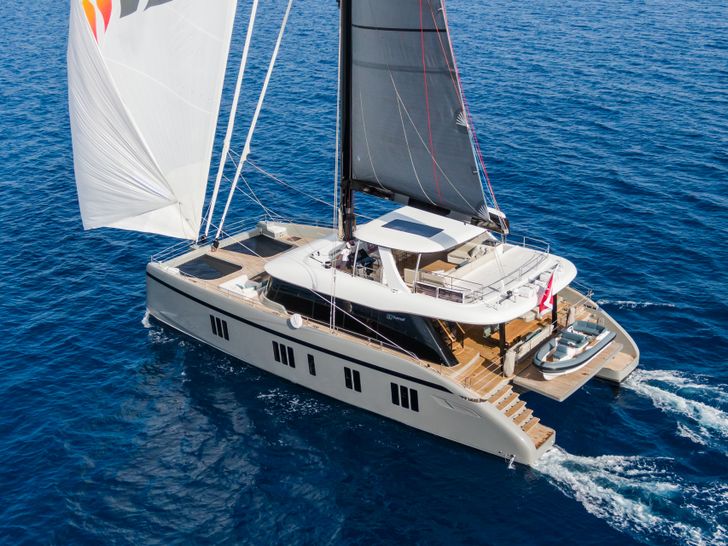 GREYB Sunreef 80 sailing aerial view