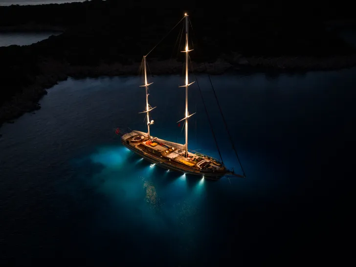 TAKE IT EASIER Umut Yillikci 38m - anchored at night TAKE IT EASIER Umut Yillikci 38m - anchored at night