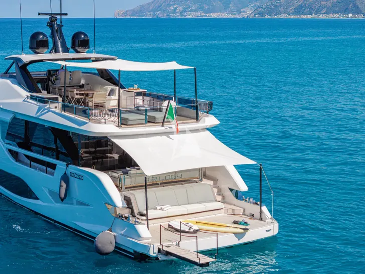 TRILOGY Ferretti Infynito 80 - aft shot anchored TRILOGY Ferretti Infynito 80 - aft shot anchored