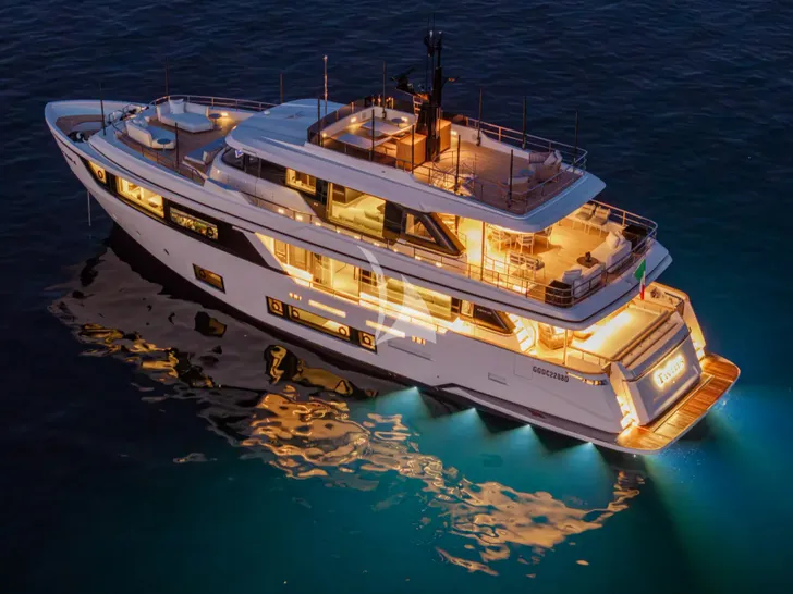 TWINS Ferretti Custom Line Navetta 30 - anchored at night TWINS Ferretti Custom Line Navetta 30 - anchored at night