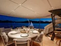 TWINS Ferretti Custom Line Navetta 30 - sky deck alfresco dining set up TWINS Ferretti Custom Line Navetta 30 - sky deck alfresco dining set up