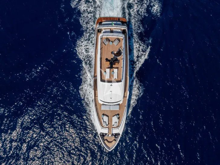 TWINS Ferretti Custom Line Navetta 30 - top aerial shot cruising TWINS Ferretti Custom Line Navetta 30 - top aerial shot cruising