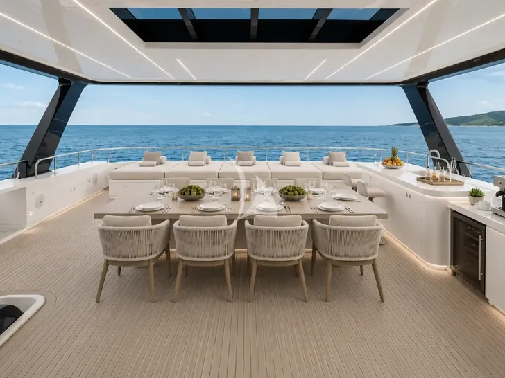UNDER THE RADAR HeySea 80 - flybridge alfresco dining UNDER THE RADAR HeySea 80 - flybridge alfresco dining