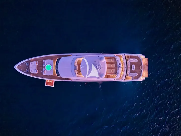 VOLO MARE Azimut Grande Trideck 38m - top aerial shot at night VOLO MARE Azimut Grande Trideck 38m - top aerial shot at night