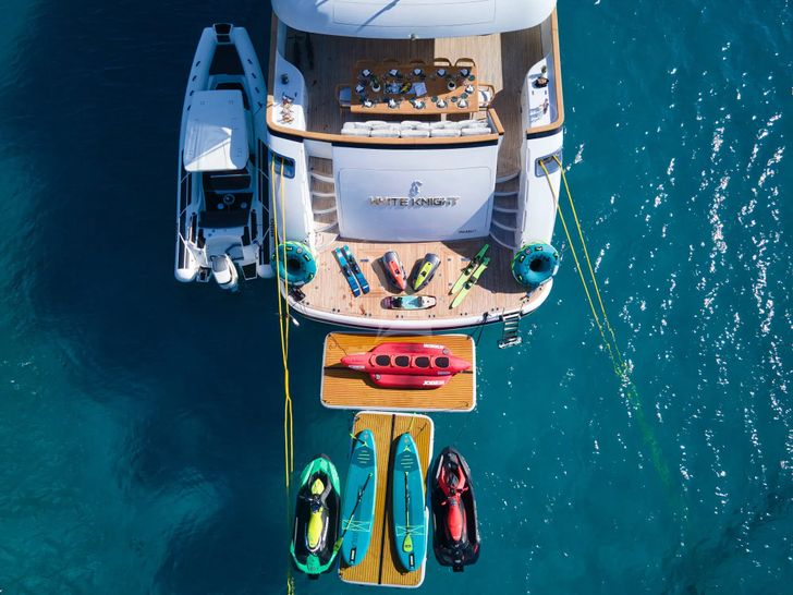 WHITE KNIGHT Maiora 40m - aft top shot with the water toys WHITE KNIGHT Maiora 40m - aft top shot with the water toys