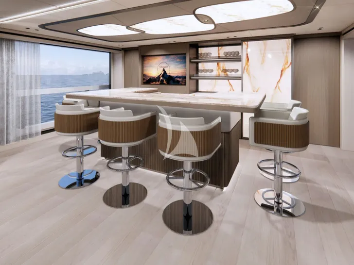 WHITE STAR Mangusta(Overmarine)Oceano 39 - main dining area convertible to a bar WHITE STAR Mangusta(Overmarine)Oceano 39 - main dining area convertible to a bar