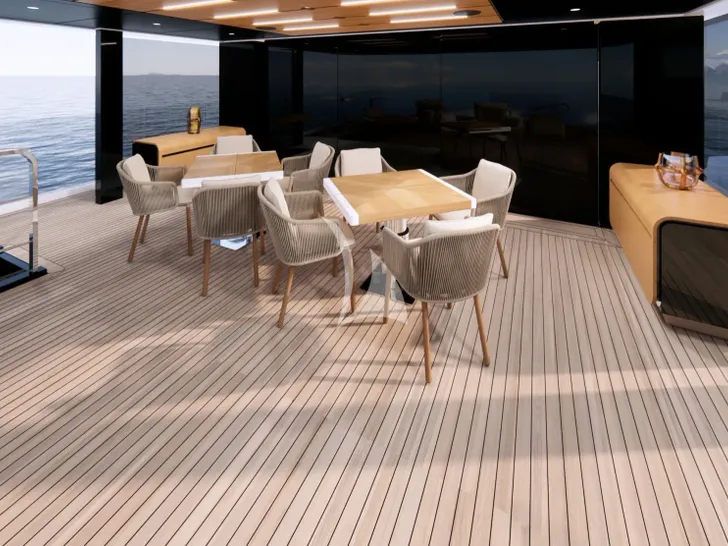 WHITE STAR Mangusta(Overmarine)Oceano 39 - skydeck dining area WHITE STAR Mangusta(Overmarine)Oceano 39 - skydeck dining area