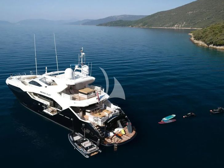 WICKED PLAY Sunseeker 115 Sport Yacht - aerial shot with water toys WICKED PLAY Sunseeker 115 Sport Yacht - aerial shot with water toys