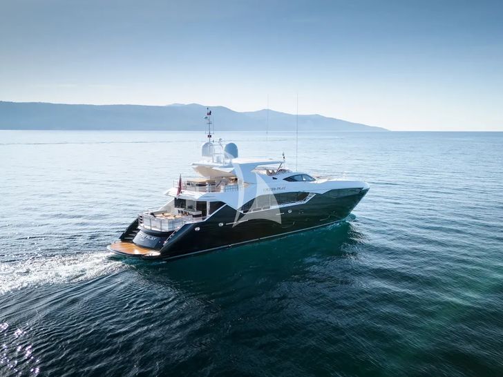 WICKED PLAY Sunseeker 115 Sport Yacht - anchored aft view WICKED PLAY Sunseeker 115 Sport Yacht - anchored aft view