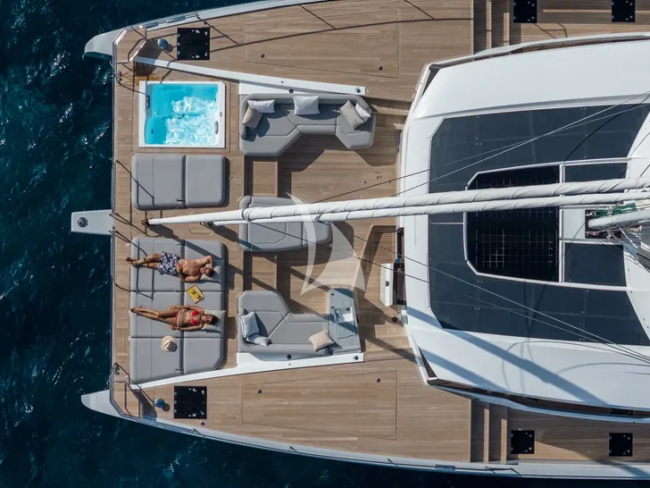 WINDKIND Fountaine Pajot Thira 80 - top foredeck shot WINDKIND Fountaine Pajot Thira 80 - top foredeck shot