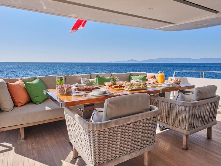 WOMBAT Sanlorenzo SL106 - main aft deck alfresco breakfast WOMBAT Sanlorenzo SL106 - main aft deck alfresco breakfast