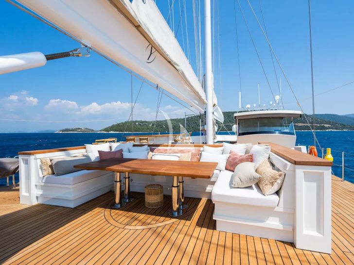 YAZZ Aegean Custom Sailing Yacht 55m - flybridge seating and dining YAZZ Aegean Custom Sailing Yacht 55m - flybridge seating and dining