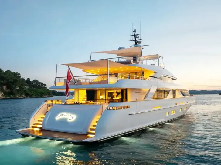 ZULU 3 Sanlorenzo SD112 - aft shot with the evening lights on ZULU 3 Sanlorenzo SD112 - aft shot with the evening lights on