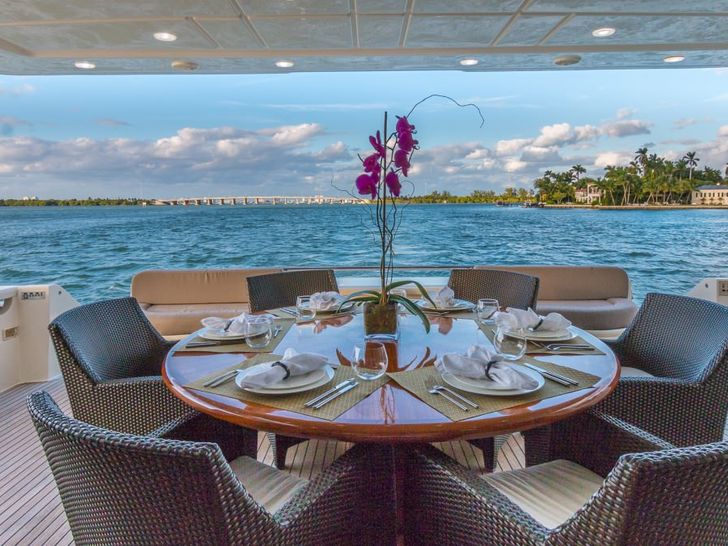 Miami Day Charter Yacht CINQUE MARE Ferretti 88 Aft Deck Al Fresco Miami Day Charter Yacht CINQUE MARE Ferretti 88 Aft Deck Al Fresco