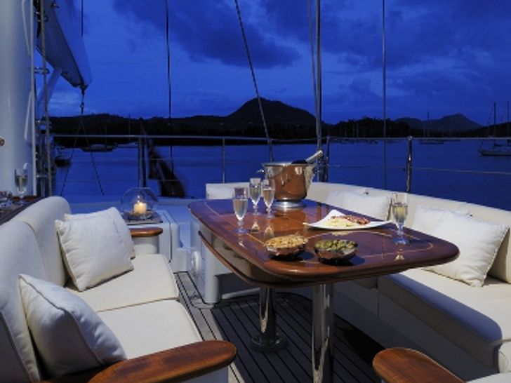 DRUMBEAT Alloy 53m Luxury Sailing Yacht Bridge Deck Dining DRUMBEAT Alloy 53m Luxury Sailing Yacht Bridge Deck Dining