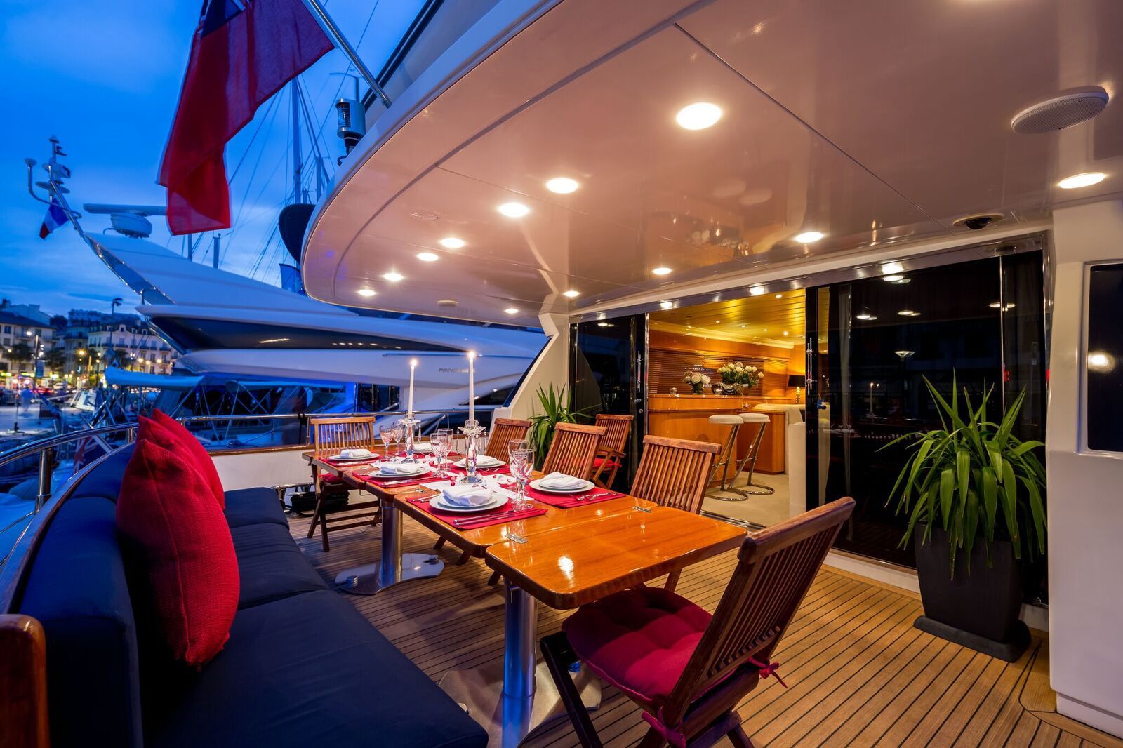 INDULGENCE OF POOLE Mangusta 86 Luxury Superyacht Aft Deck Dining