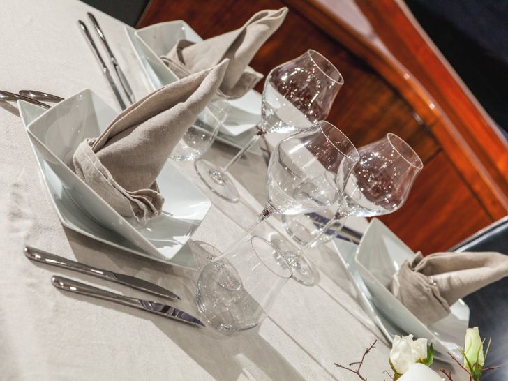 OCTAVIA Sunseeker Predator 82 - formal dining set up OCTAVIA Sunseeker Predator 82 - formal dining set up