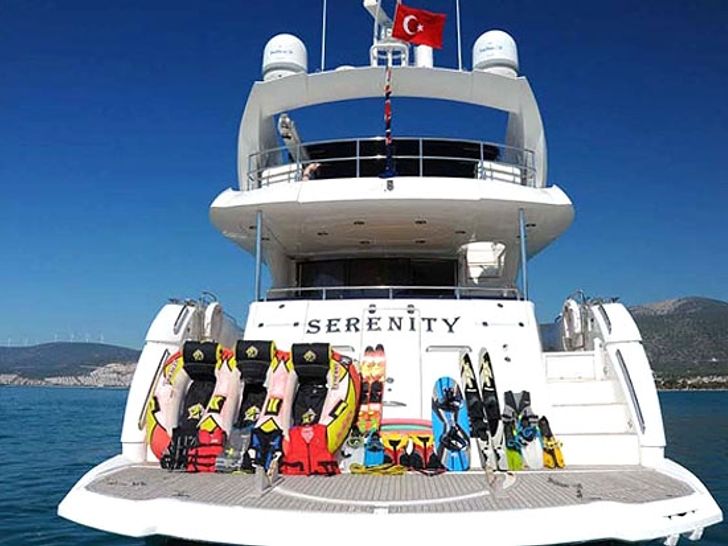 SERENITY Sunseeker 82 - aft shot with the water toys SERENITY Sunseeker 82 - aft shot with the water toys