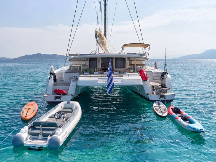WORLD'S END Fountaine Pajot Galathea 65 - aft shot with the water toys WORLD'S END Fountaine Pajot Galathea 65 - aft shot with the water toys