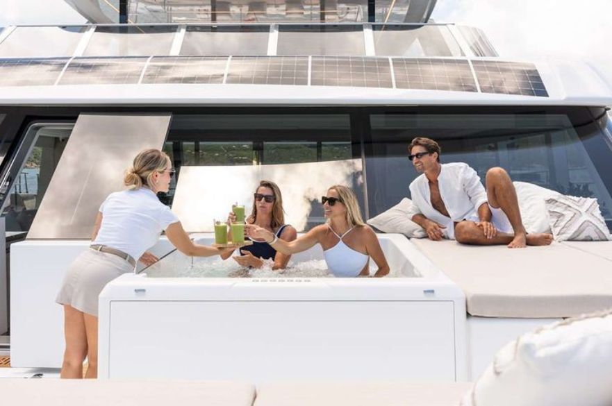 Relaxing in a jacuzzi on a luxury yacht charter vacation in the BVI