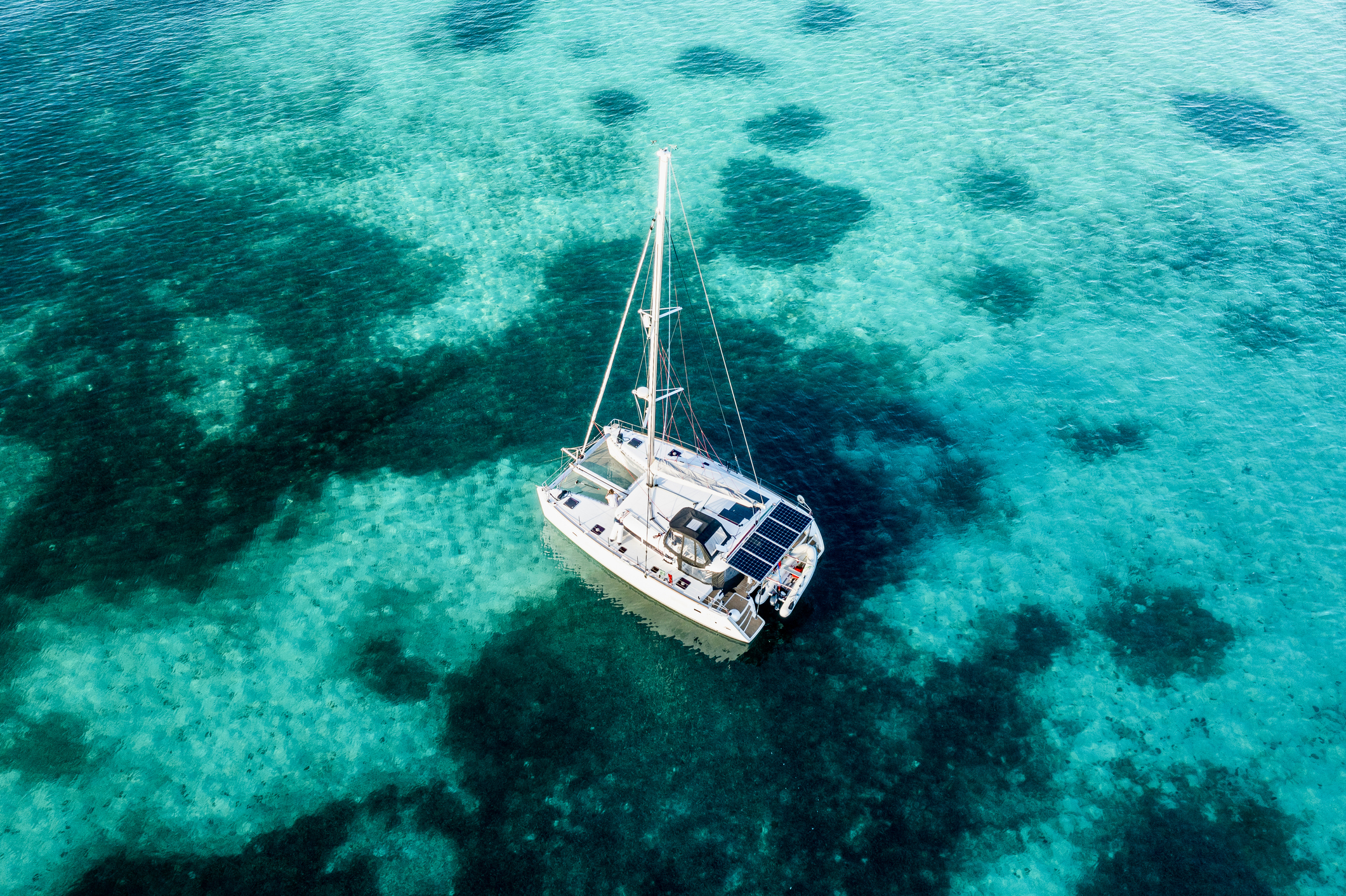 Bareboat catamaran anchored in the Bahamas