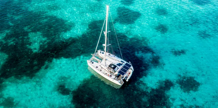Bareboat catamaran anchored in the Bahamas