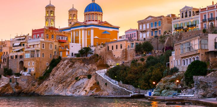 Syros at Sunset in the Cyclades,Greece Motor Yacht Charter