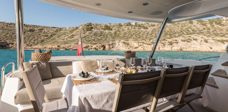 Seawater Motor Yacht Anchored for Lunch In West Mallorca