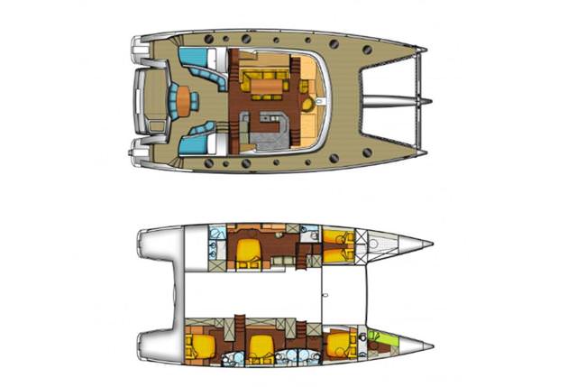 Layout for WORLD'S END Fountaine Pajot Galathea 65 - saloon and cabin layout