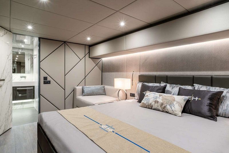 master cabin with the bathroom door open