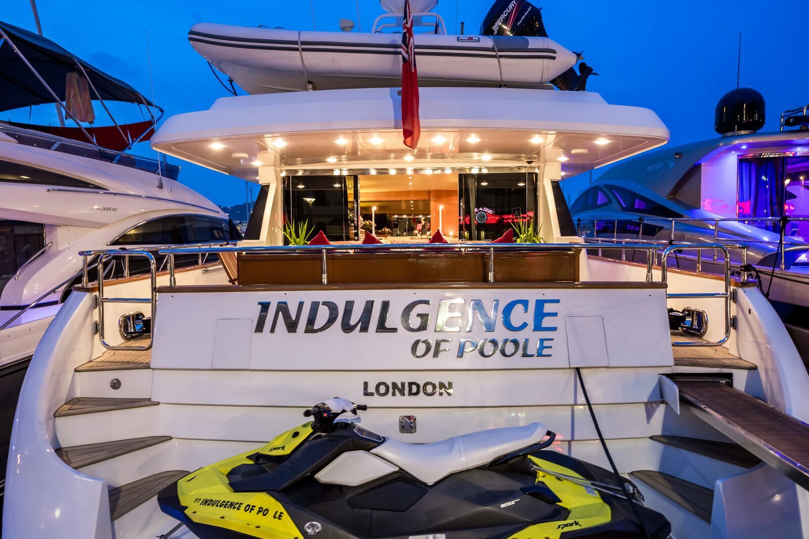 INDULGENCE OF POOLE Mangusta 86 Luxury Superyacht Aft Deck