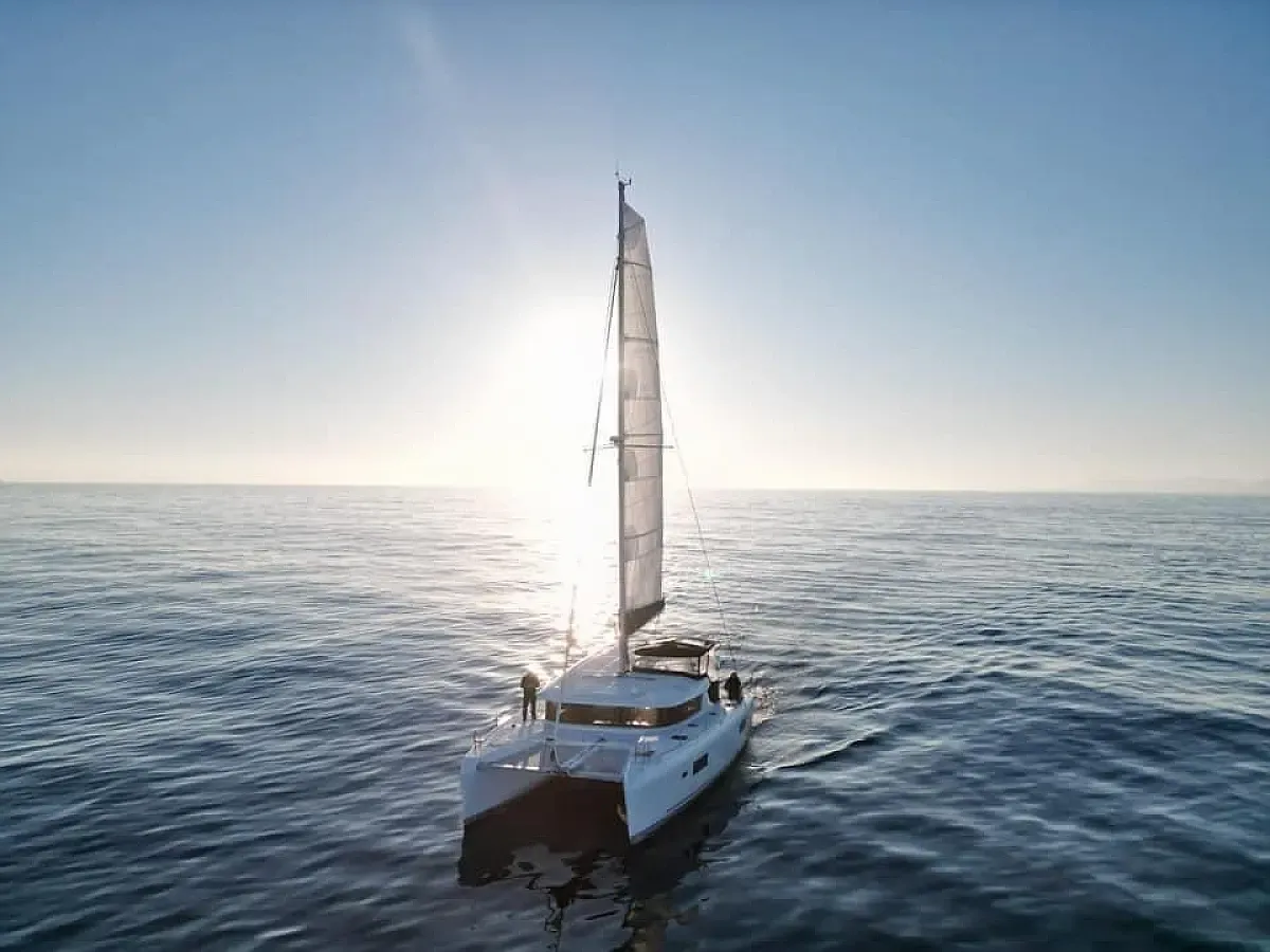 the bareboat catamaran seaduction cruising on the Amalfi Coast under the sun